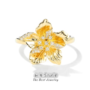 HX Jewelry | Diamond Blooming Flower Statement Ring in Solid 18k Gold/Bridal Jewelry/Valentine&#39;s Day Gift/Custom Fine Jewelry/Gift for Her