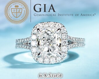 GIA Cert Cushion Diamond Engagement Ring, 0.3ct-1.0ct, Solitaire Halo Wedding Band in Solid 18k Gold, Bridal Ring, Anniversary, Love Gift