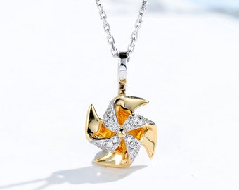 Diamond Rotatable Pinwheel Pendant Necklace in Solid 18k 2-Tone Gold/Custom Fine Jewelry/Personalization Design/Gift for Women and Girls