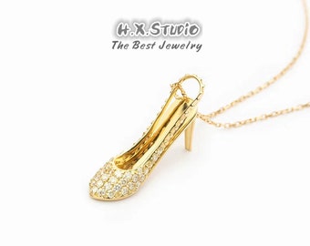 HX Jewelry | Diamond High-Heel Shoe Necklace in Solid 18K Gold/Custom Fine Jewelry/Personalization Design/Gift for Women and Girls