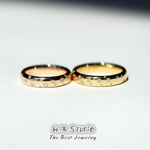 HX Jewelry | Flush Set Diamond Couple Wedding Band in Solid 18k Gold/Custom Fine Jewelry/Personalization Design/Gift for Women and Girls