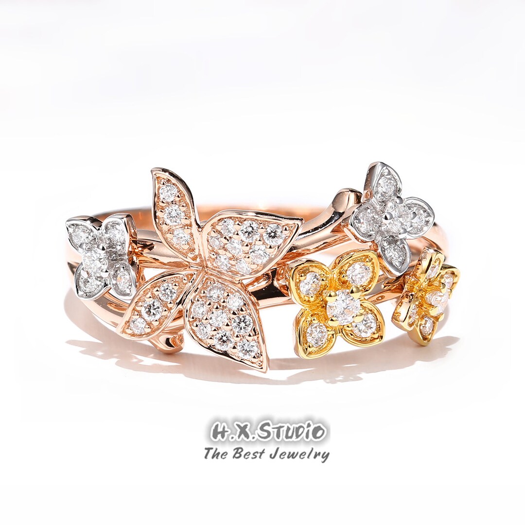 Diamond Butterfly and Flower Ring in Solid 18k 3tone Gold/custom Fine