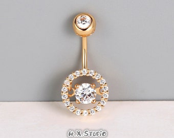 Solid 18k Gold Diamond Belly Button Ring, Dancing Diamond Navel Ring, Body Jewelry, Piercing, Christmas Birthday Valentine Gift, Wholesale