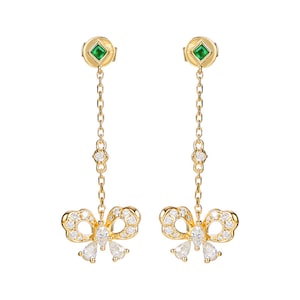 Diamond and Emerald Butterfly Dangle Earrings in Solid 18k Gold/Custom Fine Jewelry/Personalization Design/Gift for Women and Girls