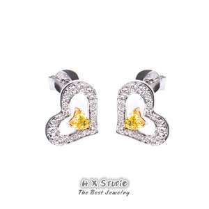 Yellow Diamond Heart Stud Earrings in Solid 18k Gold/Custom Fine Jewelry/Personalization Design/Gift for Women and Girls