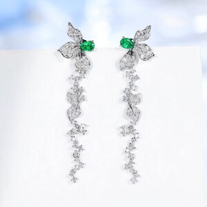 Diamond Emerald Flower Leaf Dangle Drop Earrings in Solid 18k Gold/Custom Fine Jewelry/Personalization Design/Gift for Women and Girls