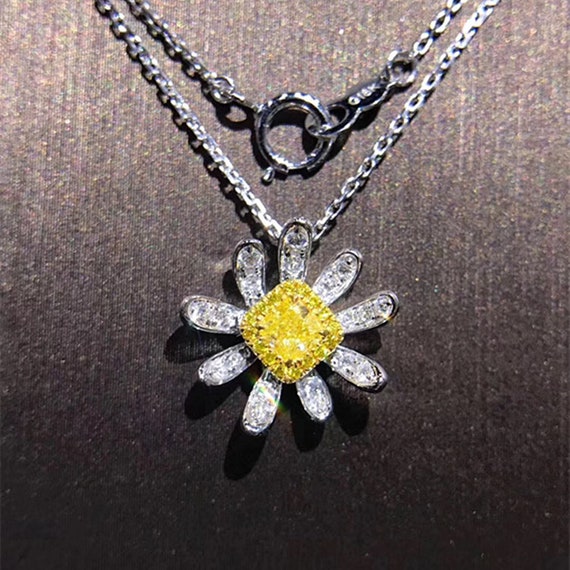 Fancy Yellow Diamond Daisy Flower Pendant Necklace in Solid