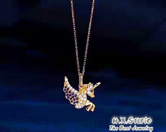 Diamond Sapphire Fairy Tale Unicorn Pendant Necklace in Solid 18K Gold/Custom Fine Jewelry/Personalization Design/Gift for Women and Girls