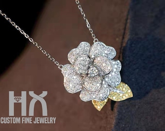 White and Fancy Yellow Diamond Flower Pendant Necklace in Solid 18K Gold/Custom Jewelry/Personalization Design/Gift for Women and Girls