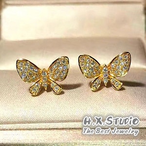 Dainty Butterfly Stud Earrings, Solid 18k Gold, Genuine Diamond, Elegant Jewelry, Fancy Stud, Romantic Jewelry, Gift for Her, Holiday Gift