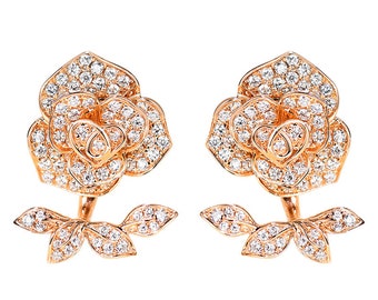 Diamond Rose Flower Ear Climbers in Solid 18k Gold/Two-ways Ear Jacket Earrings/Custom Jewelry/Personalization Design/Gift for Women & Girls