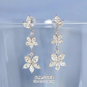 Pendientes colgantes de flor de diamante, pendientes de gota larga, oro sólido de 18 k, diamante genuino 1.5ctw, regalo para ella, joyería de personalización