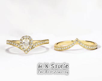 Diamond Ring Set in Solid 18k Gold/2 Piece Wedding Rings/Matching Ring Set/Bridal Rings Set/Custom Fine Jewelry/Gift for Women and Girls
