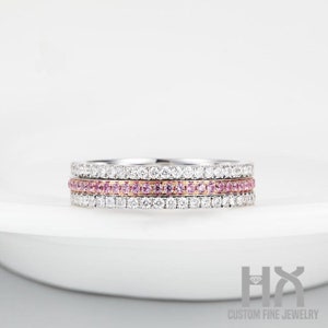Diamond and Pink Sapphire 3 Row Full Eternity Ring in 18k 2-tone Gold/Stacking Wedding Ring/Valentine's Day Gift/Custom Jewelry/Gift For Her