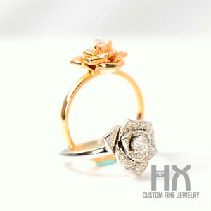 Diamond Rose Flower Ring in Solid 18K Gold/Floral Statement Ring/Custom Jewelry/Personalization Design/Gift for Women and Girls