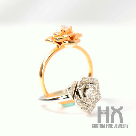 Diamond Rose Flower Ring in Solid 18K Gold/floral Statement Ring