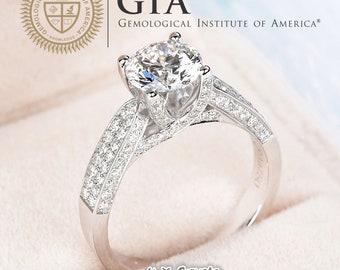 GIA Cert Round Diamond Engagement Ring, 0.3ct-1.0ct, Three Sided Diamond Ring in Solid 18k Gold, Bridal Ring, Wedding Ring, Love Gift