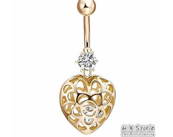 Diamond Hollow Heart Belly Button in Solid 18k Gold/Lovely Navel Ring/Piercing Body Jewelry/Custom Fine Jewelry/Gift for Women and Girls