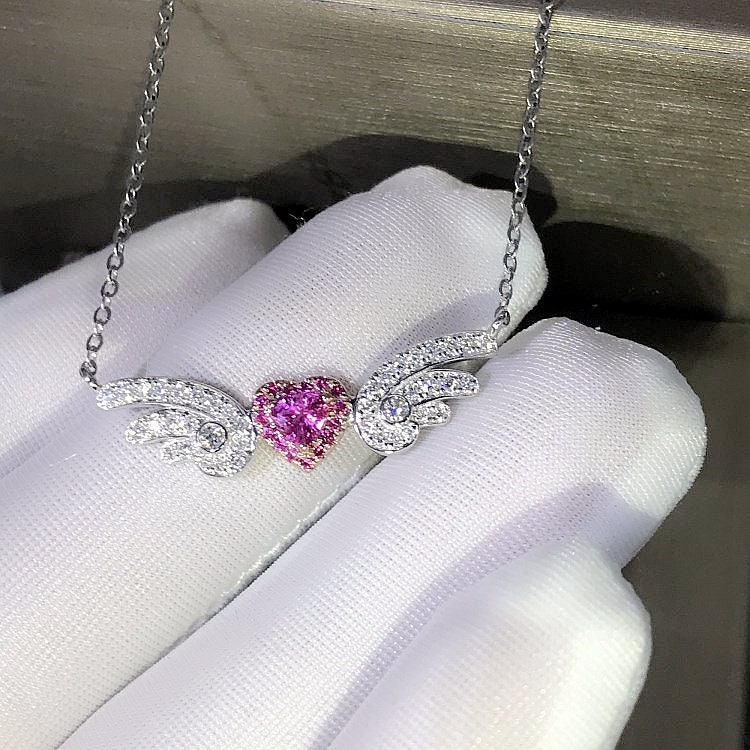 ☆Angle    Heart☆ Diamond Pink Sapphire Angel Wings Heart Pendant Necklace in