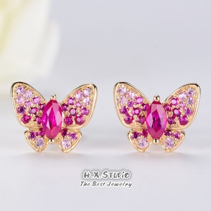 Ruby & Pink Sapphire Butterfly Stud Earrings in Solid 18k Gold, Minimalist Earrings, Gift for Her, Gift Idea