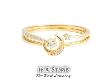 Diamond Crescent Moon and Star Rings Set in Solid 18K Gold//2 Piece Wedding Ring Set/Bridal Set/Custom Jewelry/Gift for Women and Girls