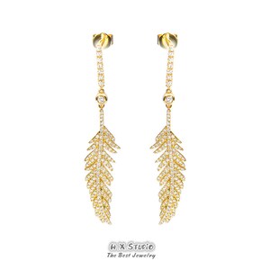 Diamond Feather Dangle Earring, Solid 18k Gold, Genuine Diamond, Elegant Earring, Gift for Her, Customization Jewelry, Gift Idea