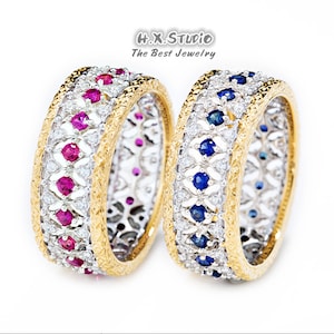 HX Jewelry | Vintage Diamond Sapphire Ruby Wedding Band Eternity Lace Filigree Ring in 18K Gold/Wide Cocktail Ring/Art Deco Diamond Ring