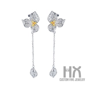 White and Yellow Diamond Orchid Flower Dangle Earrings in Solid 18k Gold, Elegant Earrings, Gift for Her, Customization Jewelry, Gift Idea