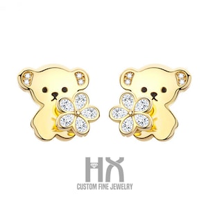 Diamond Teddy Bear With Rotatable Flower Earrings, Solid 18k Gold, Genuine Diamond, Lovely Earrings, Gift for Her, Rotate Jewelry