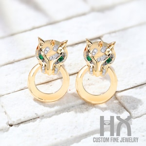 Diamond Leopard Stud Earrings in Solid 18k Gold/Diamond Panther Earrings/Custom Jewelry/Gift for Women Girls Kid