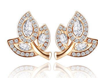 Leaf Stud Oorbellen, Massief 18k Goud, Echte Diamant, Fancy Earring, Seizoen Sieraden, Cadeau Idee, Cadeau voor Haar