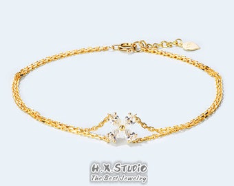 Diamond Lucky Clover Bracelet in Solid 18K Gold/Four Leaf Clover Bracelet/Anklet/Custom Fine Jewelry/Gift for Women and Girls