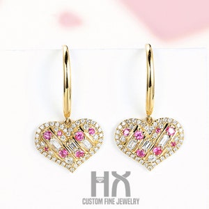 Diamond and Pink Sapphire Heart Dangle Hook Earrings in Solid 18k Gold/Custom Fine Jewelry/Personalization Design/Gift for Women and Girls