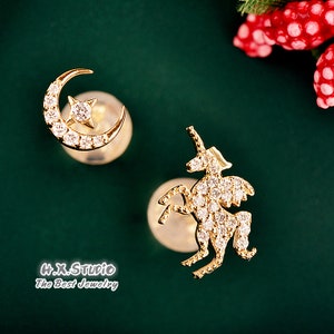 Unicorn Studs Earring, Solid 18k Gold, Diamond, Unicorn Jewelry, Star and Crescent Earring, Gift for Her, Gift for Children