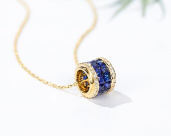 Diamond Sapphire Cylinder Pendant Necklace in Solid 18k Gold/Custom Fine Jewelry/Personalization Design/Gift for Women and Girls