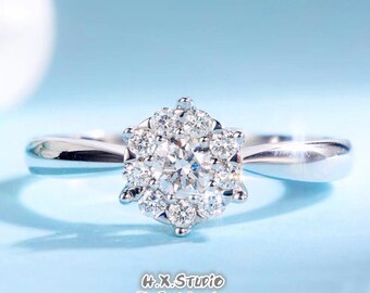 Diamond Cluster Engagement Ring in Solid 18k Gold/Six Claw Wedding Ring/Custom Jewelry/Personalization Design/Gift for Women and Girls