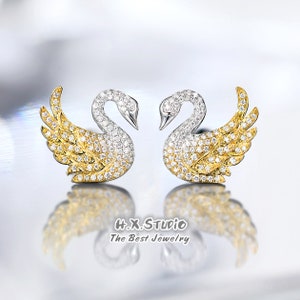 Two-Color Swan Stud Earrings, Solid 18k Gold, Genuine Diamond, Black Diamond, Animal Jewelry, Gift for Her, Customization Jewelry
