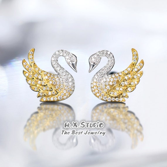 Silver Libaraba Crystal Accent Pave Swan with Cubic Zirconia Stud Earrings with Jewelry Box,Swan Earrings for Women