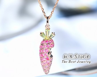 Pink Sapphire and Peridot Carrot Pendant Necklace/Custom Fine Jewelry/Personalization Design/Gift for Women and Girls