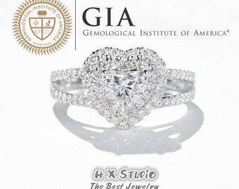 GIA Cert Heart Diamond Halo Engagement Ring, 0.3ct-1ct, Solitaire Diamond Ring in 18k Gold, Classic Wedding Ring, Love Gift,Anniversary Gift