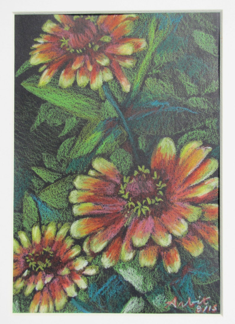 Rest Stop Zinnia 5x7 Colored Pencil Drawing with Mat