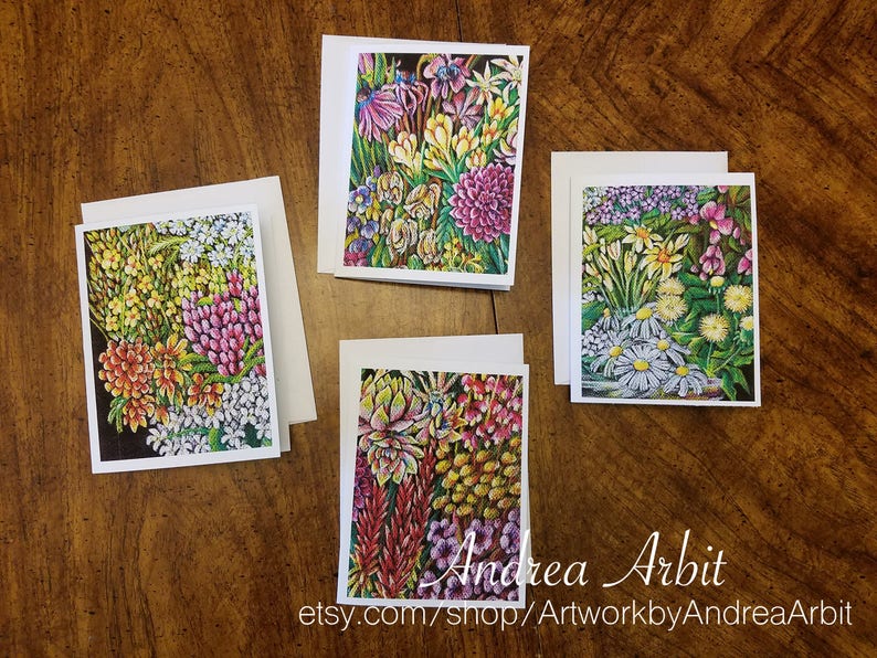 Flower Drawing Prints Pack of 4 Blank A2 Notecards Ability Bouquet Set
