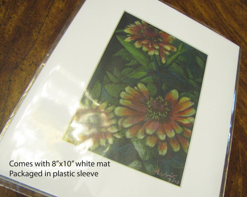 Rest Stop Zinnia 5x7 Colored Pencil Drawing with Mat