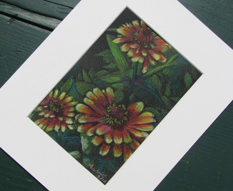Rest Stop Zinnia 5x7 Colored Pencil Drawing with Mat