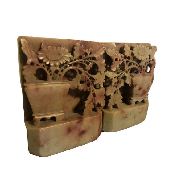 Vintage Old Soap Stone Carved Asian Book Ends Flower Design Floral Heavy