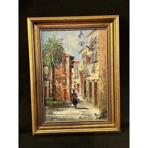 Mid Century Street Scene Oil Signed Original Gold Frame 1975 8x10 Palm Tree