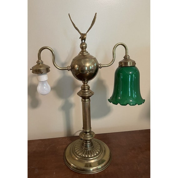 Antique Brass Lamp Rare Double Light With One Green Glass Shade