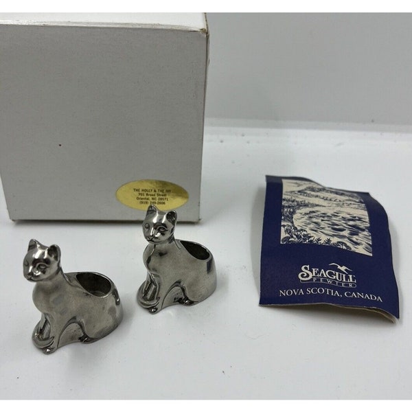Vintage Pewter Seagull Canada Pewter Candle Holder Set Cat Cats Kitten Cat W Box