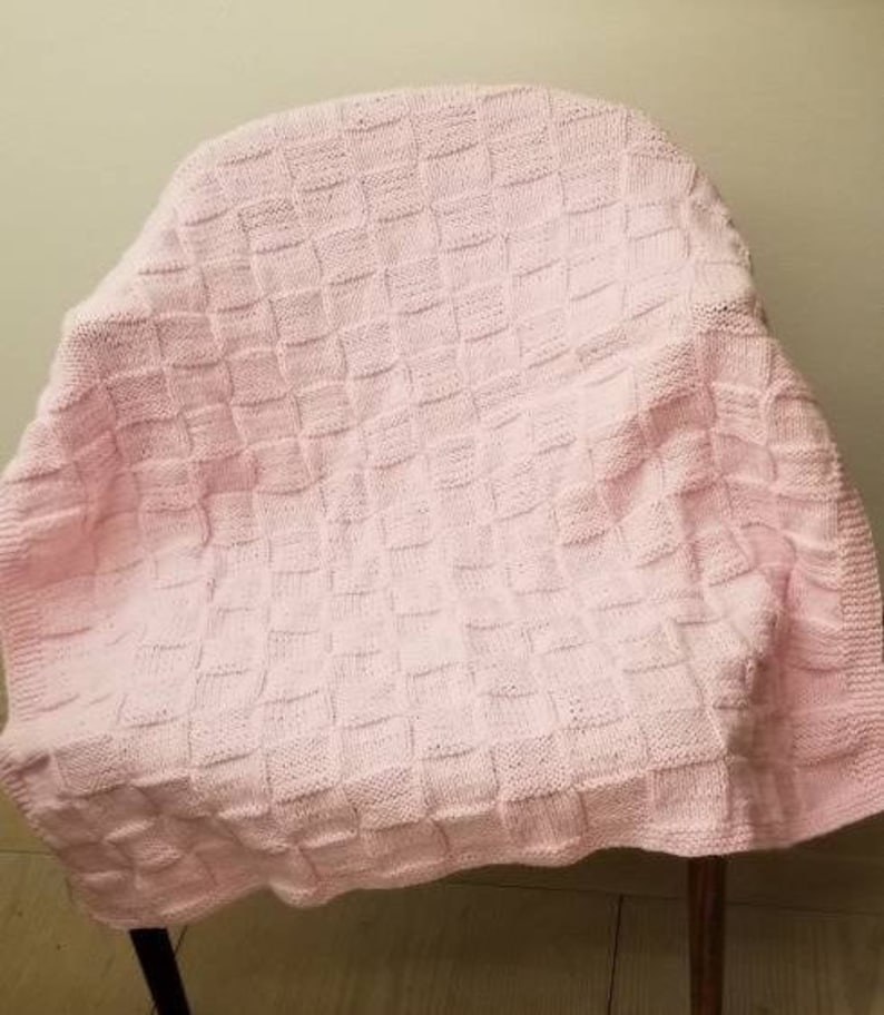 Pink Hand Knitted Baby Blanket, Large Soft Basketweave Knit Blanket