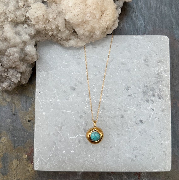 Turquoise Stone Necklace Gemstone Jewelry 16” Gold Necklace